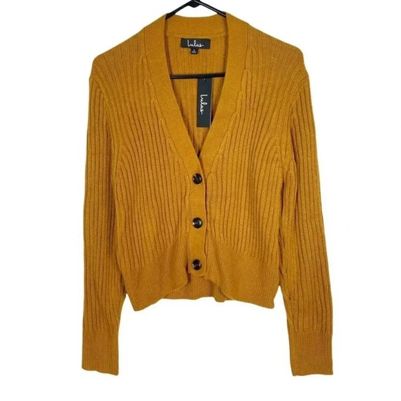 Lulus Camel Mustard Yellow Ribbed Knit Short Cardigan Sweater Women’s Size XL - Picture 3 of 5
